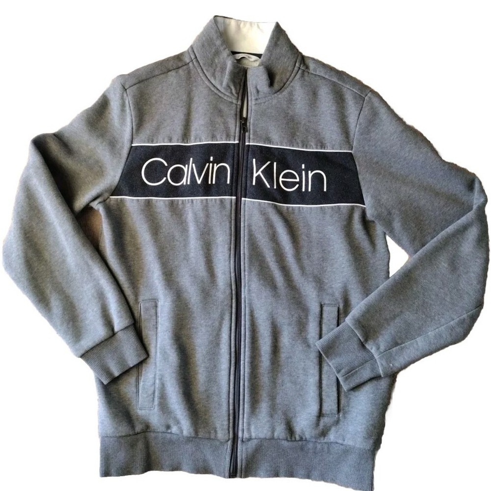 Calvin Klein Sweatshirt Men M Gray Full Zip Pockets Logo Colorblock Soft Fleece‎